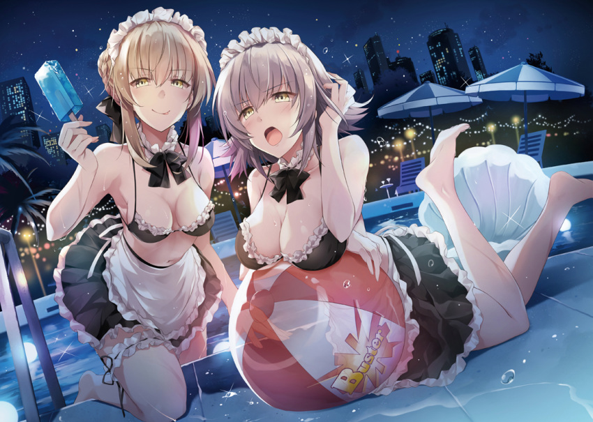 alternate_costume artoria_pendragon_(all) artoria_pendragon_(swimsuit_rider_alter) artoria_pendragon_(swimsuit_rider_alter)_(cosplay) ball bangs barefoot beachball bikini black_bikini blonde_hair blush bow bowtie breasts building cityscape collarbone cosplay dutch_angle eyebrows_visible_through_hair fate/grand_order fate_(series) food full_body full_moon hair_between_eyes hair_bow head_tilt hirai_yuzuki ice_cream jeanne_d'arc_(alter)_(fate) jeanne_d'arc_(fate)_(all) kneeling large_breasts licking_lips looking_at_viewer lying maid_bikini moon multiple_girls night night_sky on_stomach open_mouth outdoors pool pool_ladder popsicle reflecting_pool saber_alter short_hair sidelocks silver_hair simple_background sky small_breasts swimsuit thigh_strap thighs tongue tongue_out water wet wet_clothes wet_hair yellow_eyes