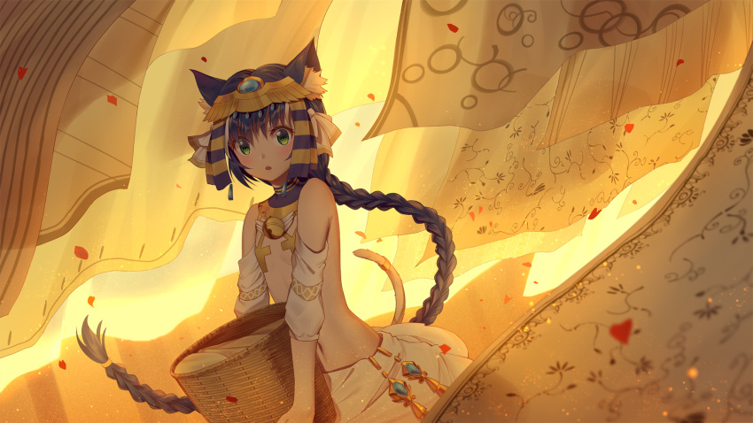 animal_ears bangs bare_shoulders basket bell braid brown_hair cat_ears cat_girl cat_tail detached_sleeves egyptian_clothes green_eyes hair_between_eyes headpiece highres holding holding_basket ji_dao_ji jingle_bell long_hair looking_at_viewer low_ponytail original parted_lips petals ponytail puffy_short_sleeves puffy_sleeves short_sleeves single_braid skirt solo tail tail_raised upper_teeth very_long_hair white_skirt