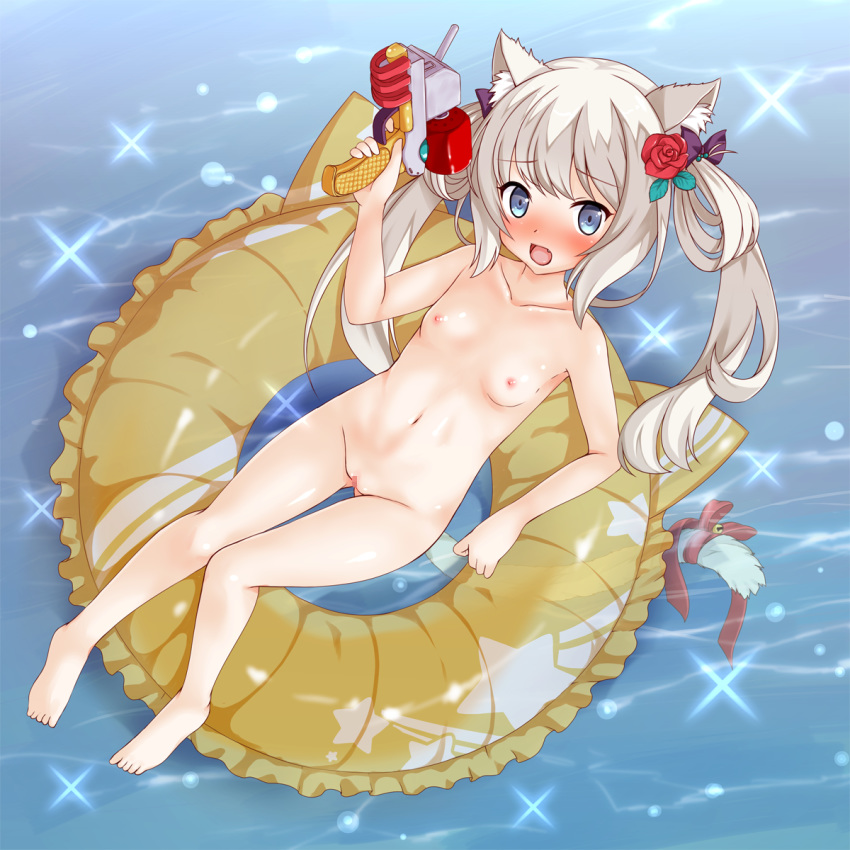 afloat animal_ears azur_lane bangs bell black_bow blue_eyes blush bow breasts cat_ears cat_girl cat_tail censored collarbone day eyebrows_visible_through_hair fang flower frilled_innertube frills groin hair_bow hair_flower hair_ornament hair_rings hammann_(azur_lane) highres holding innertube jingle_bell kumaneko_rococo long_hair looking_at_viewer mosaic_censoring nipples nose_blush nude open_mouth outdoors red_flower red_ribbon red_rose ribbon rose silver_hair small_breasts solo tail tail_bell tail_ribbon twintails very_long_hair water water_gun yellow_innertube