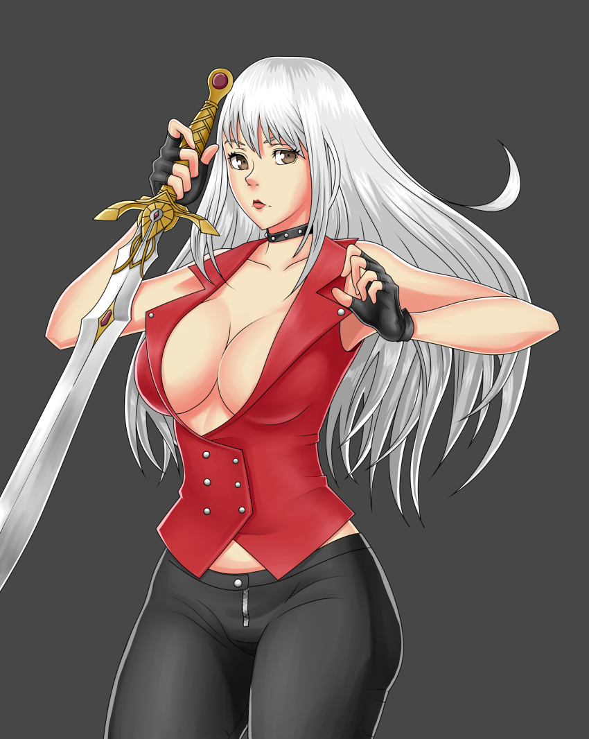 black_legwear breasts cleavage emojo holding holding_weapon large_breasts long_hair vest weapon white_hair