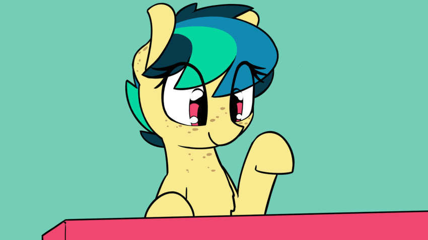 16:9 2018 animated apogee bust_portrait cute equine eyelashes fan_character female feral freckles hair happy hooves mammal musical_instrument my_little_pony nude piano pink_eyes portrait shinodage short_hair silly simple_background smile solo teal_background teal_hair young