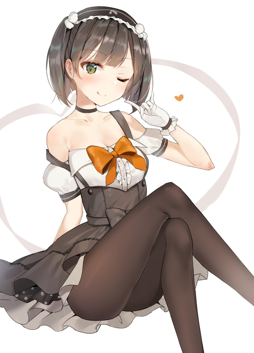 ;q absurdres black_hair bow bowtie breasts brown_legwear brown_skirt choker cleavage collarbone crossed_legs gloves green_eyes hairband high-waist_skirt highres invisible_chair kanna_(kanna_channel) kanna_channel lolita_hairband looking_at_viewer medium_breasts off_shoulder one_eye_closed orange_bow pantyhose sabet_(young_ouo) short_hair short_sleeves shoulder_cutout sitting skirt solo suspender_skirt suspenders tongue tongue_out white_background white_gloves