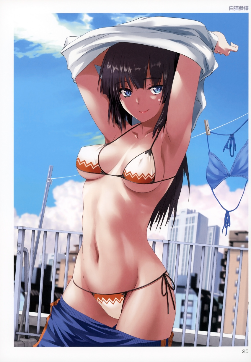 absurdres arms_up artist_name bangs bikini bikini_under_clothes black_hair blue_eyes blue_sky breasts building closed_mouth cloud collarbone dark_skin day eyebrows_visible_through_hair highres lips long_hair looking_at_viewer medium_breasts navel outdoors page_number rooftop scan shiny shiny_hair shironeko_sanbou side-tie_bikini sky smile solo swimsuit swimsuit_under_clothes toranoana undressing