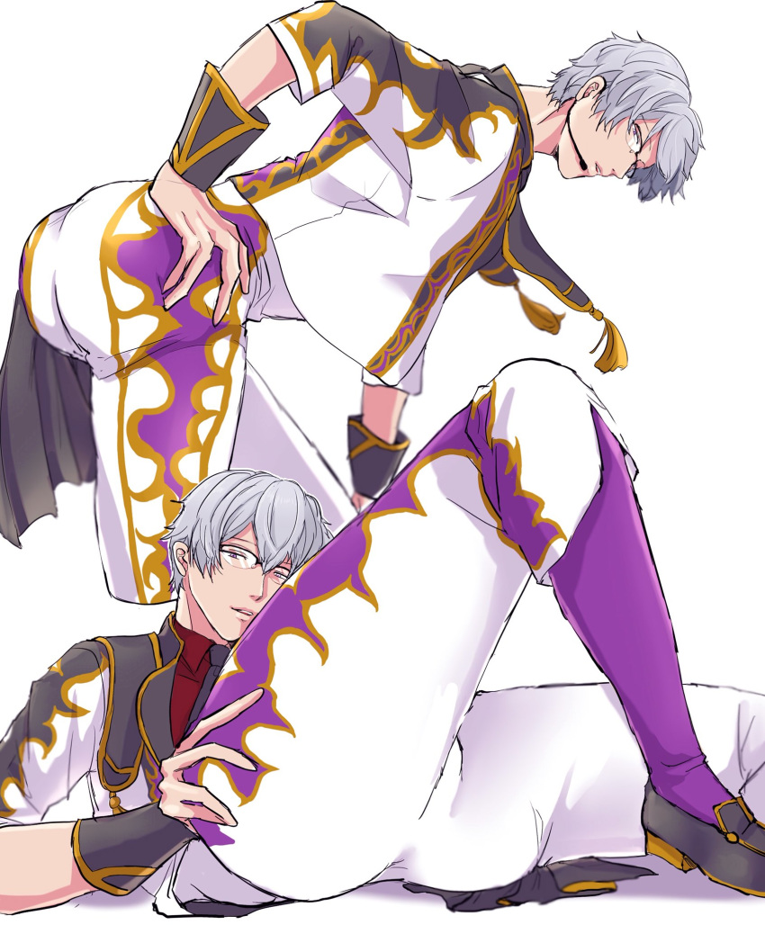 ass bad_anatomy flame_print glasses hand_on_hip hazama_michio highres idol idolmaster idolmaster_side-m idolmaster_side-m_live_on_stage! jacket looking_at_viewer lying male_focus matador on_back pants parted_lips sanso_(74sanso) silver_hair smile solo white_jacket white_pants wrist_cuffs