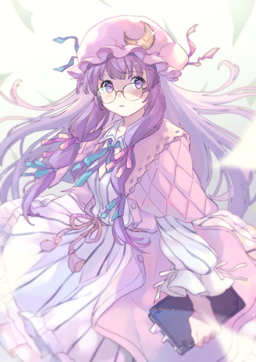 bespectacled blush book capelet collared_dress commentary_request crescent crescent_moon_pin dress glasses glint hair_ribbon hat hat_pin highres holding holding_book light_particles long_hair looking_at_viewer parted_lips patchouli_knowledge pillow_hat pink_capelet pink_hat purple_eyes purple_hair ribbon round_eyewear solo touhou vanilla_(miotanntann)