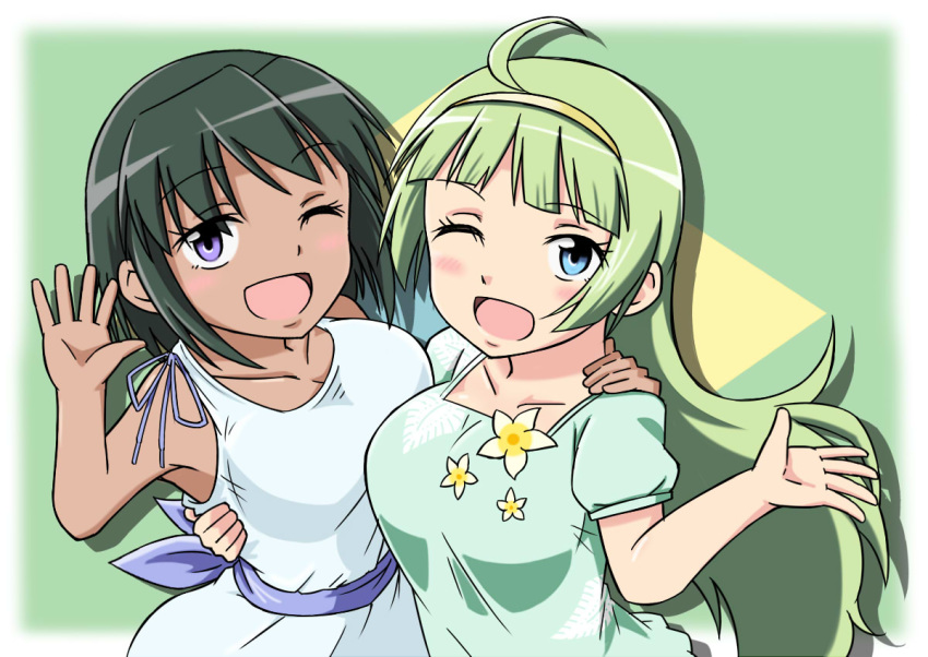 ahoge arm_around_back arm_around_shoulder bangs black_hair blue_eyes blunt_bangs blush brazil brazilian brazilian_flag breasts cam_(come489) company_connection crossover dark_skin dress eyebrows_visible_through_hair flag_background flower_ornament green_shirt hairband hand_on_another's_waist idolmaster idolmaster_cinderella_girls idolmaster_million_live! large_breasts light_green_hair long_hair looking_at_viewer medium_hair multiple_girls natalia_(idolmaster) one_eye_closed open_mouth open_palm puffy_sleeves purple_eyes sash shimabara_elena shirt smile standing t-shirt trait_connection upper_body very_long_hair waving white_dress yellow_hairband