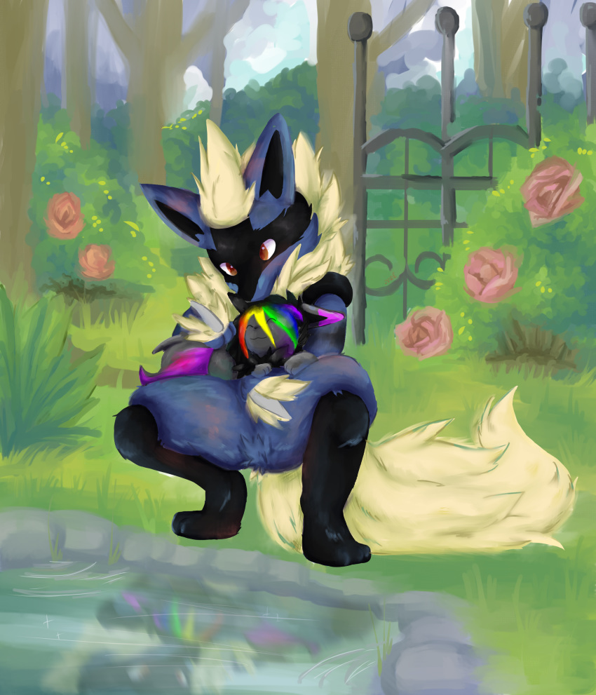 2018 alternate_color anthro arcanine arcario biped blue_fur canine digital_drawing_(artwork) digital_media_(artwork) digital_painting_(artwork) duo eevee fak&eacute;mon fan_character female feral flower fluffy fur hair hi_res hybrid lucario male mammal nintendo outside plant pok&eacute;mon pok&eacute;mon_(species) raven_eevee raveneevee rose video_games water