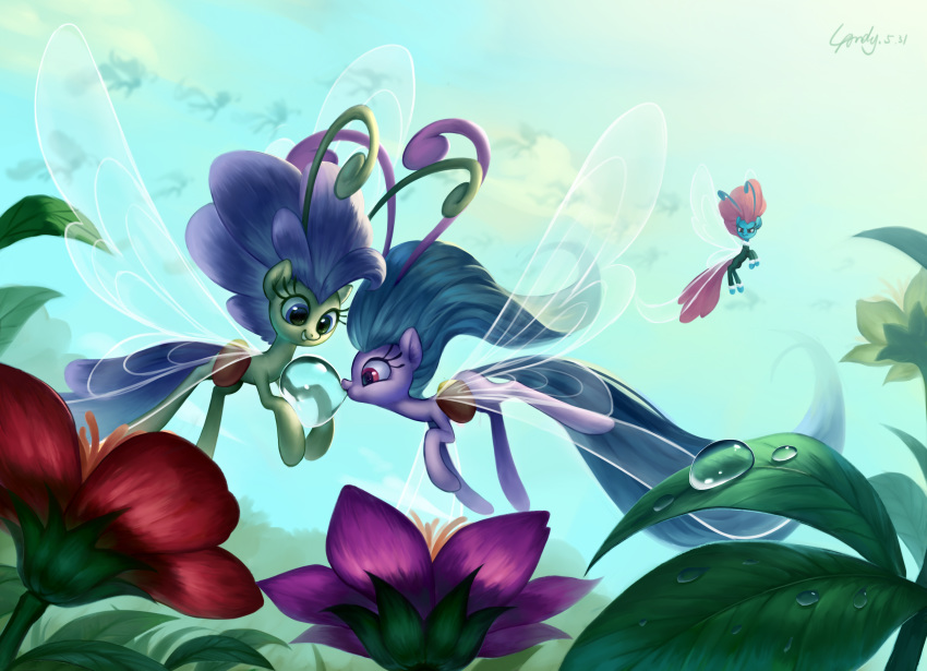 2018 antennae blue_eyes blue_hair breezie clothed clothing cute drinking duo_focus eyelashes female flower friendship_is_magic grass grin group hair hi_res hooves insect_wings luciferamon my_little_pony nude outside pink_hair plant pouch purple_eyes purple_hair seabreeze_(mlp) signature silhouette sky smile teeth water water_drop wings