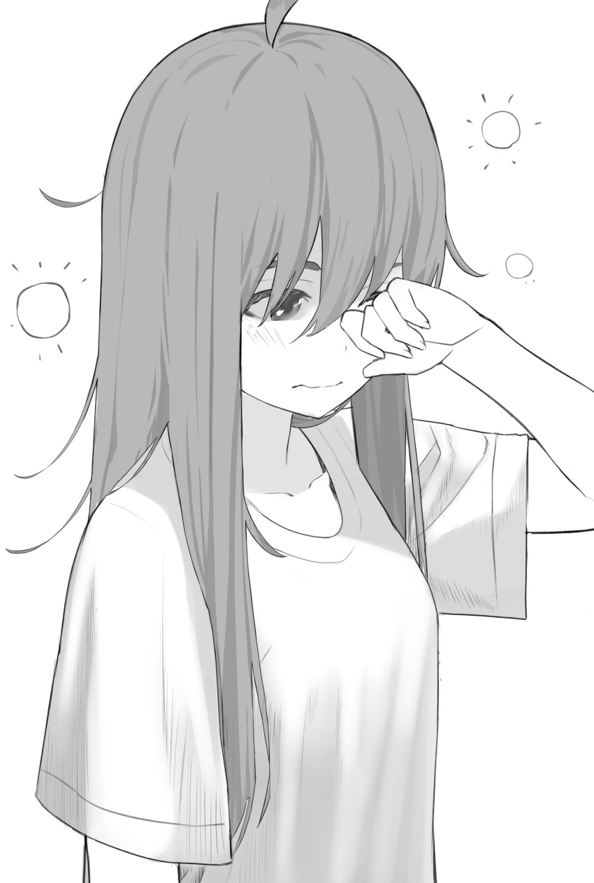 ahoge greyscale hataraku_saibou highres long_hair messy_hair monochrome nonh_(wormoftank) one_eye_closed platelet_(hataraku_saibou) rubbing_eyes shirt short_sleeves simple_background sleepy solo straight_hair wavy_mouth white_background