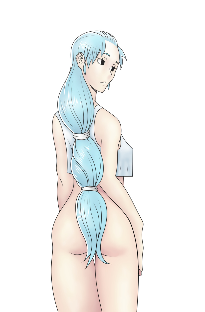 ass bad_anatomy bare_shoulders black_eyes bottomless breasts emojo forehead from_behind hair_censor highres light_blue_hair long_hair self_upload simple_background solo tank_top very_long_hair white_background white_tank_top