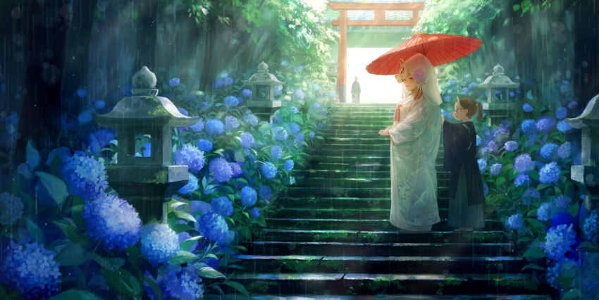 brown_hair commentary_request flower fox_mask from_side hydrangea japanese_clothes kimono long_sleeves looking_at_viewer looking_to_the_side mask multiple_girls oriental_umbrella original pink_flower ponytail rain red_umbrella romiy smile stairs stone_lantern torii uchikake umbrella veil