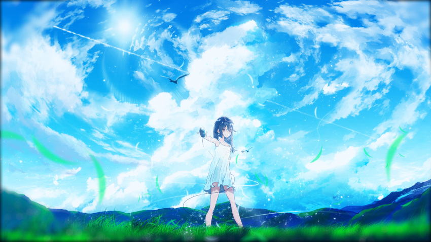 bare_legs bird blue_hair blue_sky blurry blurry_foreground closed_mouth cloud cloudy_sky commentary_request condensation_trail day depth_of_field dress eyebrows_visible_through_hair feet_out_of_frame grass highres holding horizon leaves_in_wind lens_flare looking_at_viewer mountainous_horizon original outdoors purple_eyes scenery sky smile standing string sundress white_dress y_y_(ysk_ygc)