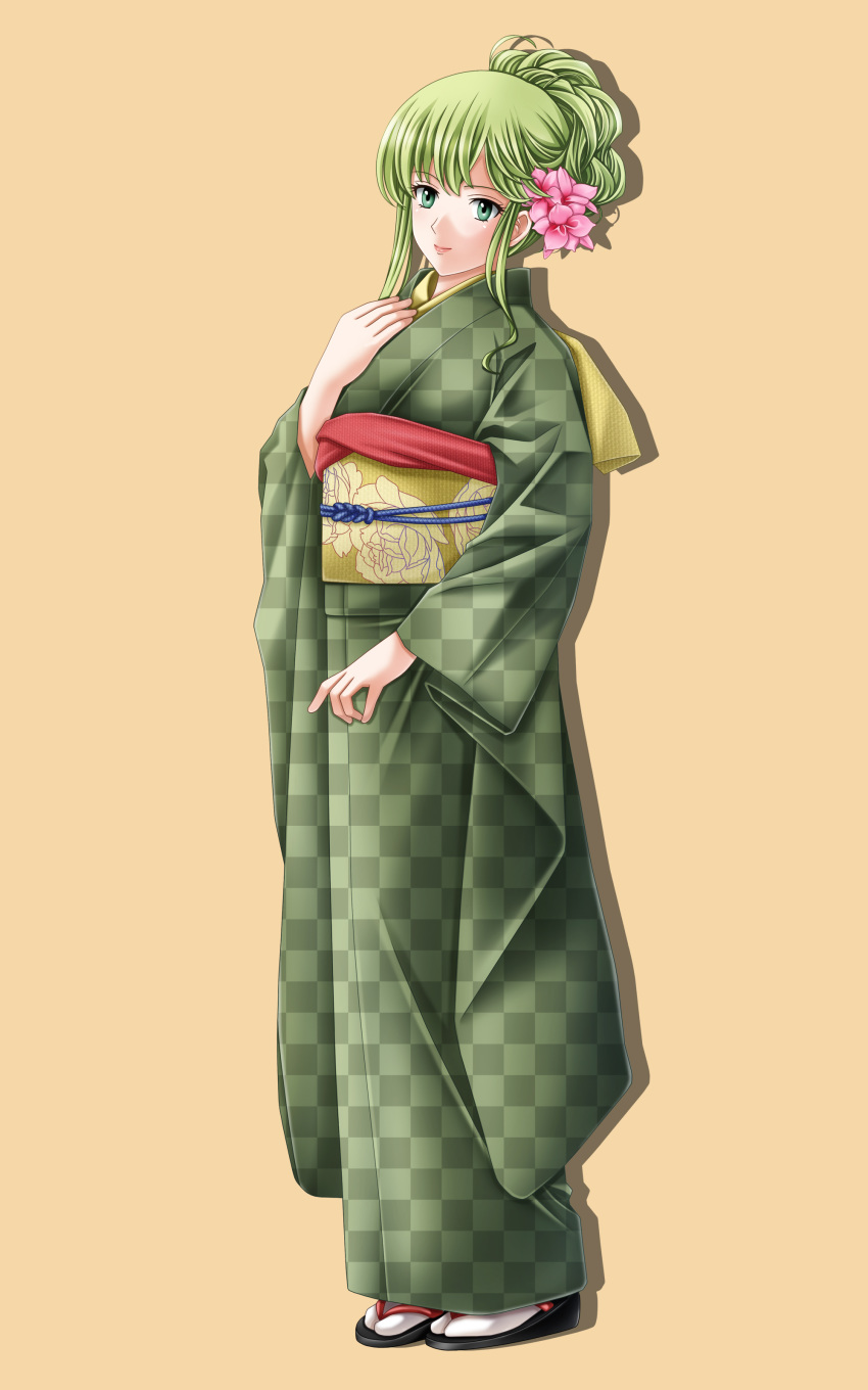 1girl absurdres fire_emblem fire_emblem:_monshou_no_nazo fire_emblem_heroes full_body green_eyes green_hair highres japanese_clothes kimono long_hair looking_at_viewer nintendo paola pegasus_knight simple_background smile solo standing tachi-e tamamon white_background