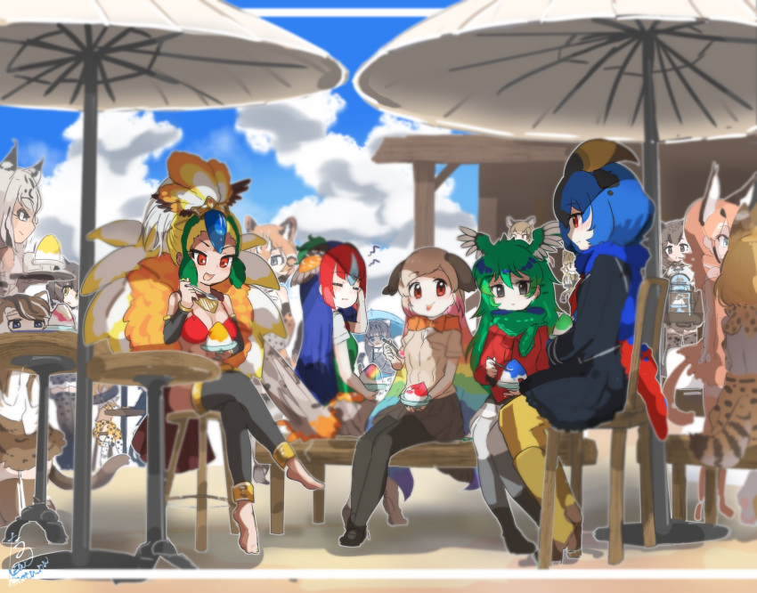 animal_ears animal_print artist_name asian_golden_cat_(kemono_friends) bare_shoulders barefoot bikini bikini_top bird_tail bird_wings black_hair black_leopard_(kemono_friends) blonde_hair blue_hair blue_sky blush bobcat_(kemono_friends) boots bow bowtie brown_hair caracal_(kemono_friends) caracal_ears caracal_tail cat_ears cat_tail closed_eyes closed_mouth cloud coat commentary_request crossed_legs darwin's_finch_(kemono_friends) day elbow_gloves eyebrows_visible_through_hair flat-headed_cat_(kemono_friends) frilled_skirt frills gloves greater_bird-of-paradise_(kemono_friends) green_hair green_pheasant_(kemono_friends) head_wings high-waist_skirt highres iriomote_cat_(kemono_friends) jungle_cat_(kemono_friends) kemono_friends leopard_(kemono_friends) leopard_ears leopard_print leopard_tail light_brown_hair long_hair long_sleeves marbled_cat_(kemono_friends) multicolored_hair multiple_girls ocelot_(kemono_friends) open_eyes open_mouth orange_hair outdoors pantyhose parasol pink_hair pleated_skirt red_hair resplendent_quetzal_(kemono_friends) scarf serval_(kemono_friends) serval_ears serval_print serval_tail shaved_ice shoes short_hair short_sleeves signature sitting skirt sky sleeveless snow_leopard_(kemono_friends) southern_cassowary_(kemono_friends) standing swimsuit table tail tatsuno_newo thighhighs twitter_username umbrella white_hair wings