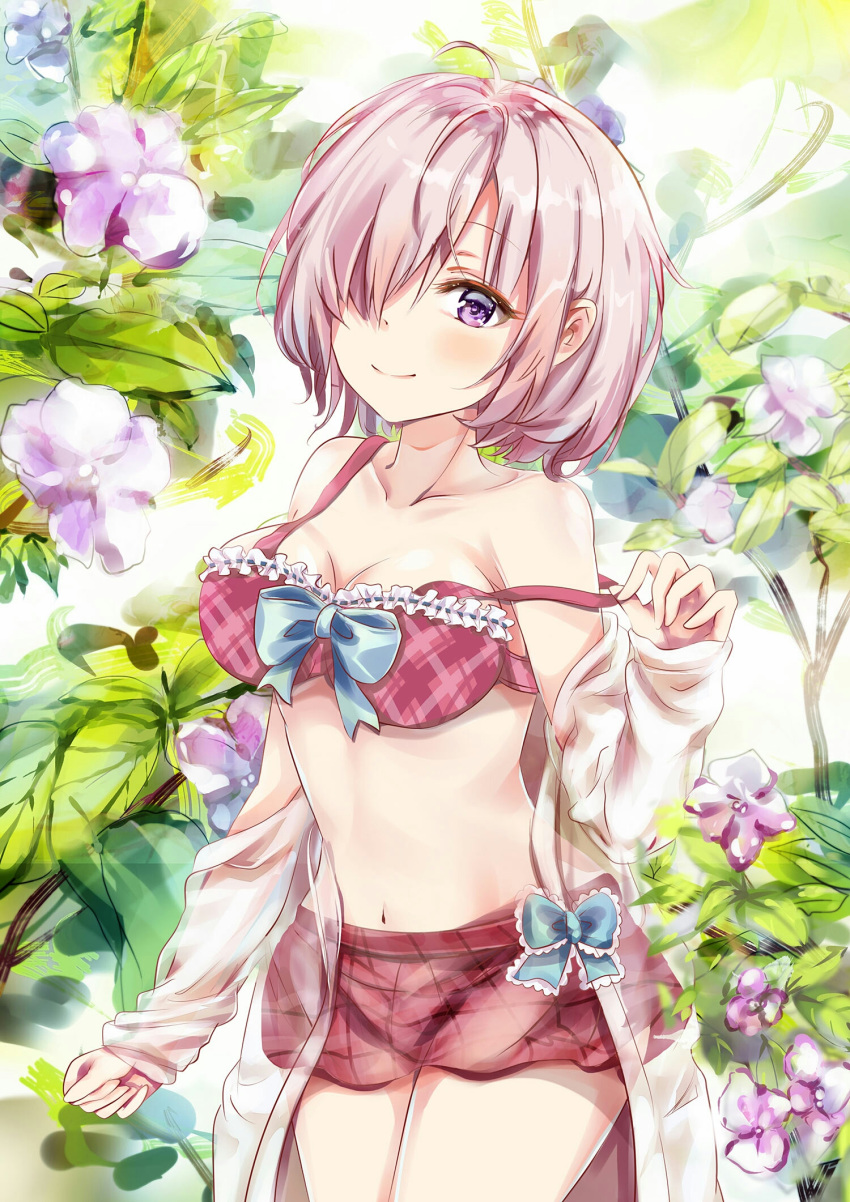 bangs bare_shoulders blue_bow blush bow bra breasts cleavage closed_mouth collarbone commentary_request eyebrows_visible_through_hair fate/grand_order fate_(series) flower hair_over_one_eye hand_up highres jacket large_breasts lips long_sleeves mash_kyrielight mutang navel off_shoulder pink_hair plaid plaid_bra plaid_skirt purple_eyes purple_flower red_bra red_skirt see-through short_hair skirt sleeves_past_wrists smile solo strap_slip underwear white_jacket