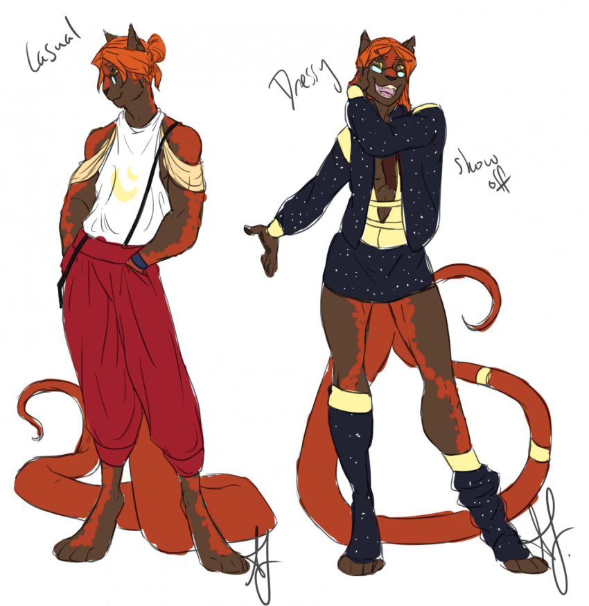 ambiguous_gender anthro brown_fur cade cat clothed clothing coat eyewear fangs feline fur glasses hair hair_bun hybrid kitterjitters knee-highs long_hair long_tail mammal orange_hair reptile scalie simple_background smile snake text white_background