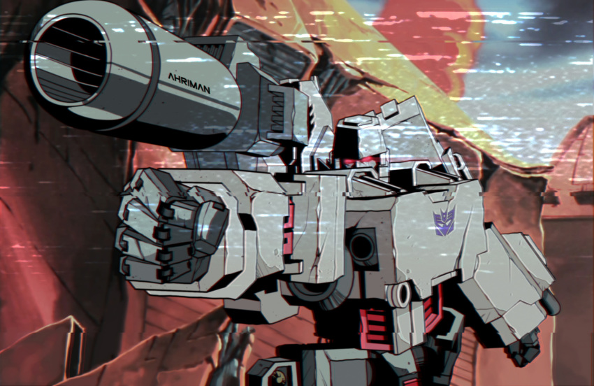 arm_cannon blue_sky commentary damaged decepticon desert dirty energy_cannon english_commentary fake_screenshot fake_video glowing glowing_eyes highres insignia mecha megatron red_eyes robot rock science_fiction signature sky smoke space_craft transformers upper_body video weapon