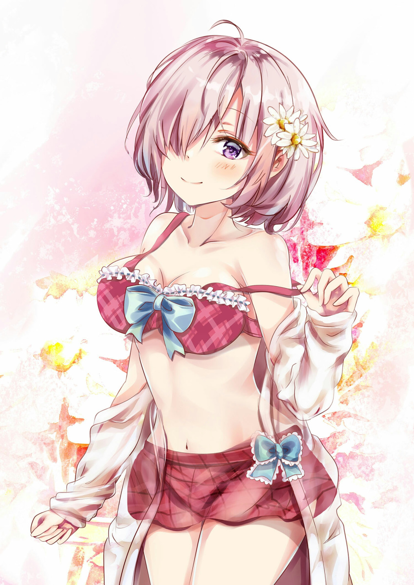 ahoge bangs bare_shoulders blue_bow blush bow bra breasts cleavage closed_mouth collarbone eyebrows_visible_through_hair fate/grand_order fate_(series) flower hair_flower hair_ornament hair_over_one_eye hand_up highres jacket large_breasts lips long_sleeves mash_kyrielight mutang navel off_shoulder pink_hair plaid plaid_bra plaid_skirt purple_eyes red_bra red_skirt short_hair skirt sleeves_past_wrists smile solo strap_slip underwear white_flower white_jacket