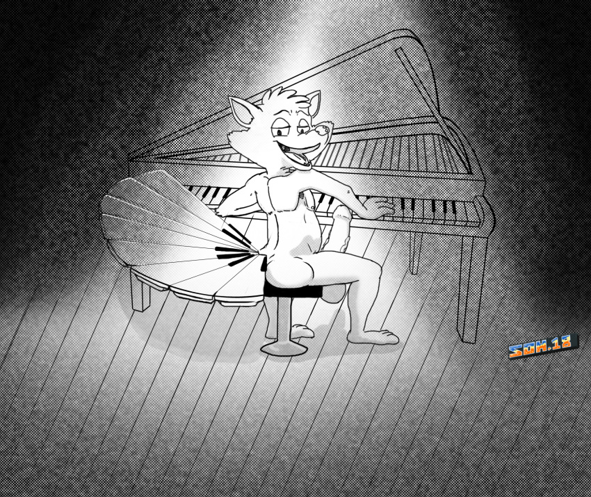 3_fingers 3_toes 8_tails balls big_balls big_penis butt canine fox grimm's_fairy_tale_classics half-closed_eyes halftone male mammal musical_instrument open_mouth open_smile penis piano piano_fox_(gftc) playing_music playing_piano s-o-husky sitting smile spotlight tail_transformation the_marriage_of_mrs._fox toes