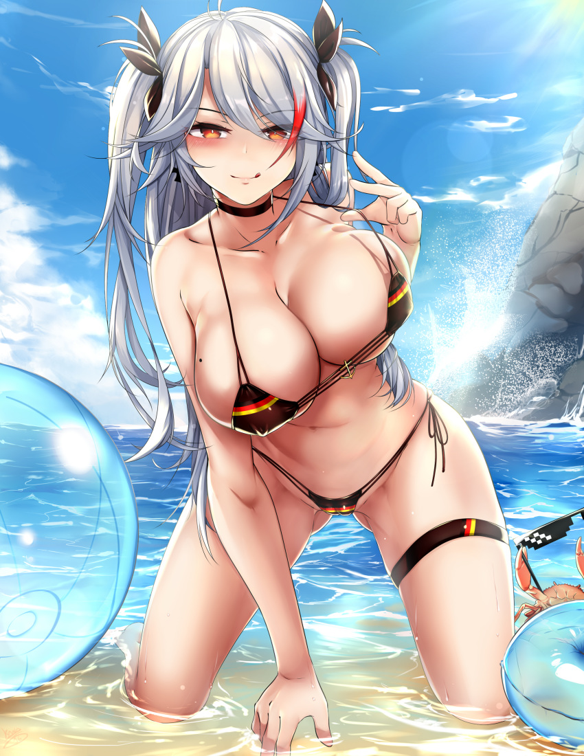 absurdres antenna_hair ass_visible_through_thighs azur_lane bangs bare_arms bare_legs bare_shoulders barefoot beach bikini black_bikini black_choker black_ribbon blue_sky blush breasts cameltoe choker cleavage closed_mouth cloud collarbone commentary_request covered_nipples crab crustacean day deal_with_it eyebrows_visible_through_hair fingernails flag_print full_body german_flag_bikini groin hair_between_eyes half-closed_eyes hand_up highres innertube kana616 kneeling large_breasts long_hair looking_at_viewer meme mole mole_on_breast multi-strapped_bikini navel ocean outdoors prinz_eugen_(azur_lane) pulled_by_self ribbon rock side-tie_bikini silver_hair sky smile solo spanish_commentary stomach strap_gap strap_pull sunglasses swimsuit thigh_strap two_side_up water waves