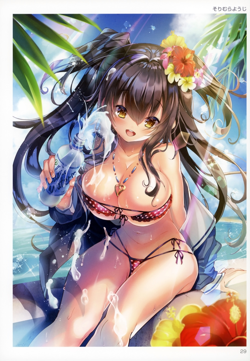 :d absurdres arm_at_side bangs bare_shoulders beach bikini black_bikini blue_sky blush bottle breasts brown_hair cleavage cloud cloudy_sky collarbone covered_nipples day eyebrows_visible_through_hair eyelashes fingernails frilled_bikini frills front-tie_top glint groin hair_between_eyes heart heart_necklace highres holding holding_bottle huge_filesize large_breasts lens_flare light_rays long_fingernails long_hair long_sleeves looking_at_viewer micro_bikini multi-strapped_bikini nail_polish navel ocean off_shoulder open_clothes open_mouth open_shirt original outdoors page_number palm_tree pink_nails plant polka_dot polka_dot_bikini scan shirt side-tie_bikini sidelocks sitting skindentation sky smile solo sorimura_youji stomach strap_gap string_bikini sunbeam sunlight swimsuit toranoana towel tree underboob upper_teeth water water_bottle yellow_eyes