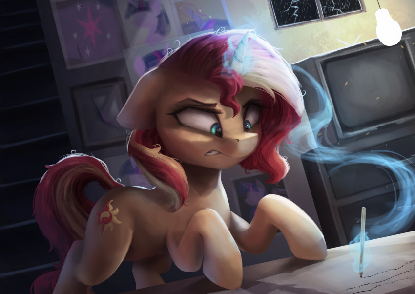 2018 absurd_res aura blonde_hair clenched_teeth cutie_mark desk equestria_girls equine eyebrows eyelashes female feral floppy_ears friendship_is_magic frustrated glowing_horn hair hi_res hooves horn inside levitation light lightning magic mammal multicolored_hair my_little_pony nude paper pencil_(object) portrait raining red_hair solo sunset_shimmer_(eg) teal_eyes teeth television twilight_sparkle_(mlp) two_tone_hair unicorn vanillaghosties window writing_text