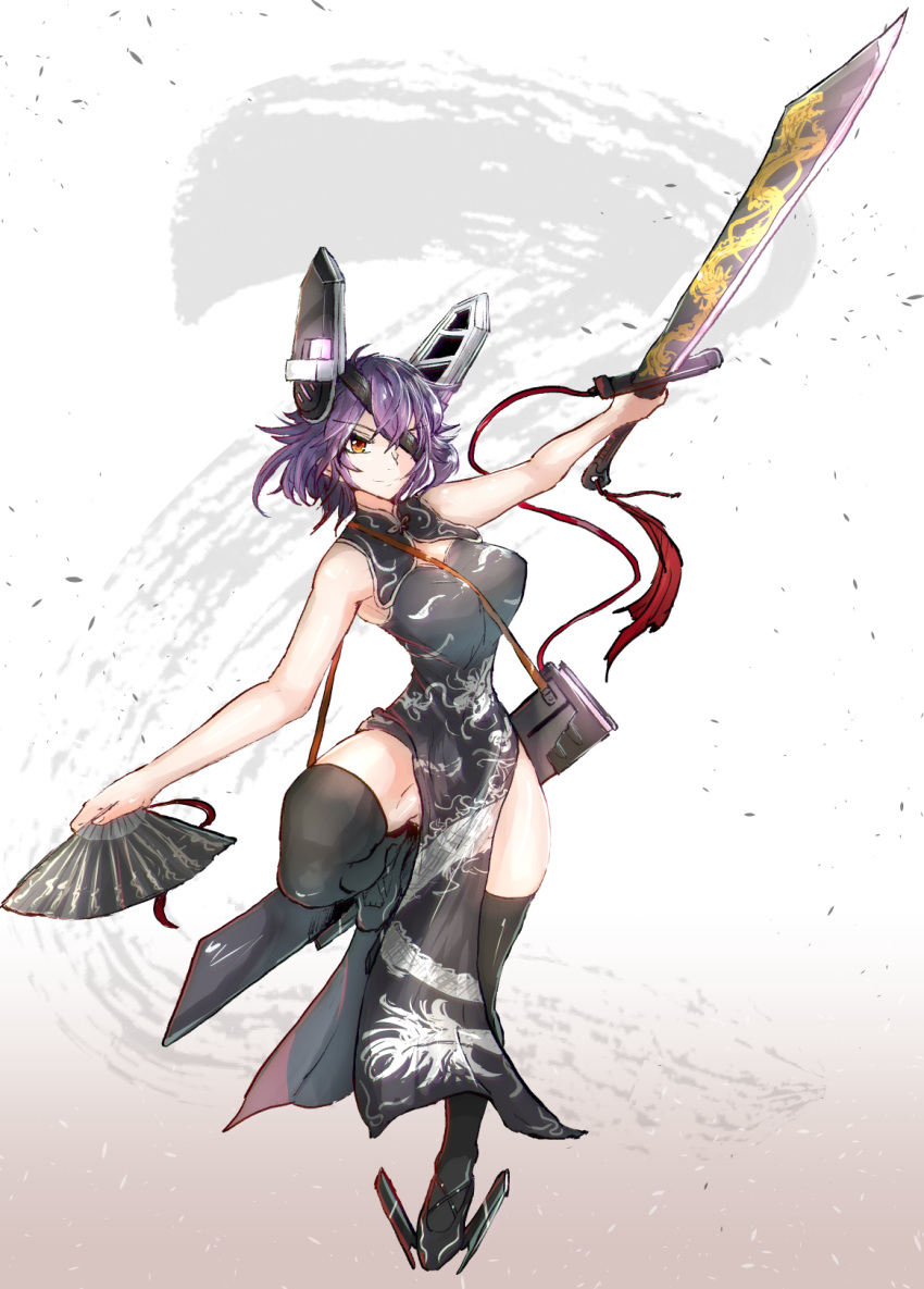 alternate_costume armpits black_legwear bottomless breasts china_dress chinese_clothes commentary_request dress dual_wielding eyebrows_visible_through_hair eyepatch fan folding_fan full_body hair_between_eyes headgear highres holding holding_fan holding_weapon kakiiro_(takuya) kantai_collection large_breasts looking_at_viewer medium_hair no_panties orange_eyes paper_fan purple_hair shoes sleeveless sleeveless_dress smile solo standing standing_on_one_leg sword tenryuu_(kantai_collection) thighhighs thighs weapon