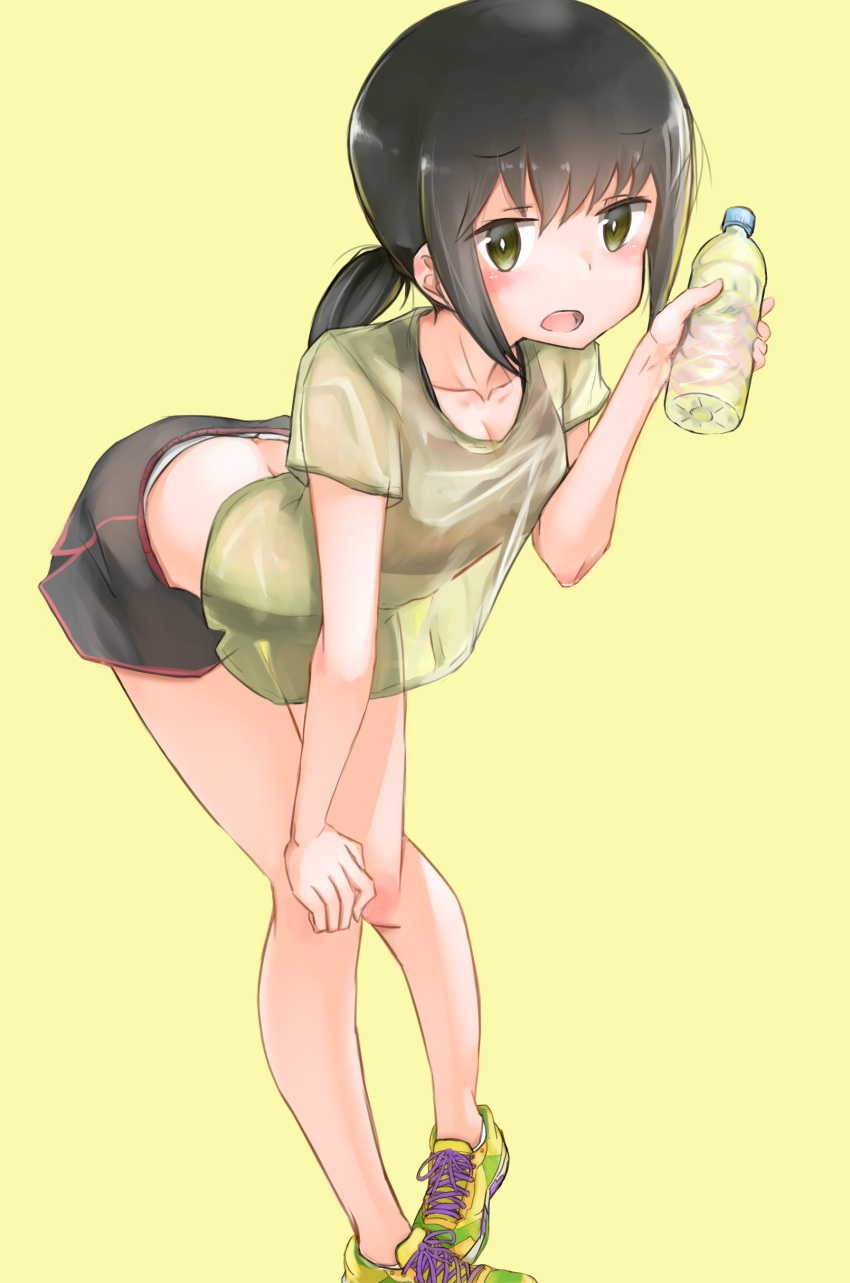 absurdres alternate_costume ankle_socks black_hair black_shorts blush bottle bra butt_crack commentary_request dimples_of_venus eyebrows_visible_through_hair fubuki_(kantai_collection) green_eyes green_shirt highres holding holding_bottle kabayaki_namazu kantai_collection leaning_forward looking_at_viewer low_ponytail open_mouth panties panty_peek ponytail red_bra see-through shirt shoes short_hair short_ponytail shorts sidelocks sneakers solo sports_bra standing thighs underwear water_bottle white_legwear white_panties yellow_footwear