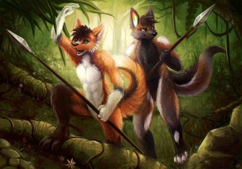 2018 anthro black_nose canine chibity detailed_background dog duo featureless_crotch fox fray_the_fox fur german_shepherd green_eyes jungle male mammal melee_weapon multicolored_fur nude plant polearm ritter_(krazykit) roots smile spear tree weapon