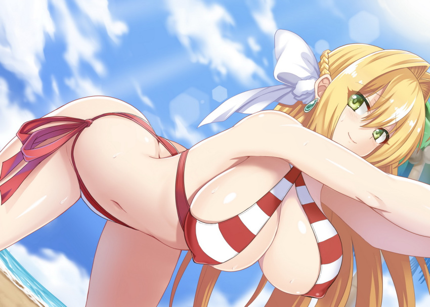ass bangs bare_shoulders beach bikini blonde_hair blue_sky blush braid breasts cleavage closed_mouth collarbone commentary_request criss-cross_halter day earrings fate/extra fate/grand_order fate_(series) french_braid green_eyes hair_between_eyes hair_intakes hair_ribbon halterneck hellandheaven hips jewelry large_breasts leaning_forward long_hair navel nero_claudius_(fate)_(all) nero_claudius_(swimsuit_caster)_(fate) red_bikini ribbon side-tie_bikini sky smile solo striped striped_bikini swimsuit thighs white_ribbon
