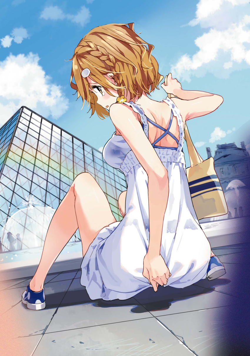 bag bare_legs blue_bra blue_sky bra braid breasts brown_eyes brown_hair covering covering_ass day dress dutch_angle french_braid from_behind garter_belt hair_ornament hairclip highres koiwai_yoshino looking_back masamune-kun_no_revenge medium_breasts no_panties outdoors profile see-through shoes shoulder_bag side_braid sitting sky sneakers solo tearing_up tiv underwear white_dress