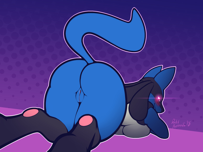 &lt;3 &lt;3_eyes 2018 anthro blush breast_squish breasts butt dakkpasserida female glowing glowing_eyes lucario nintendo pok&eacute;mon pok&eacute;mon_(species) pussy signature smile solo video_games