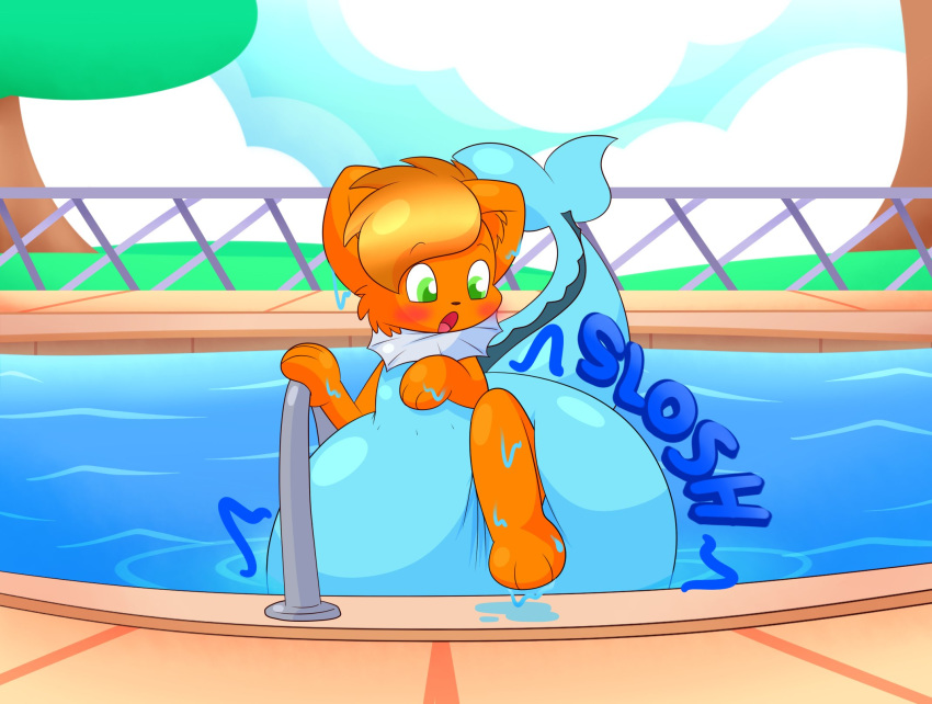anthro canine charmander clothed clothing cosplay diaper eeveelution male mammal nintendo open_mouth outside pok&eacute;mon pok&eacute;mon_(species) sir-dancalot solo swimming_pool vaporeon video_games water wet_diaper