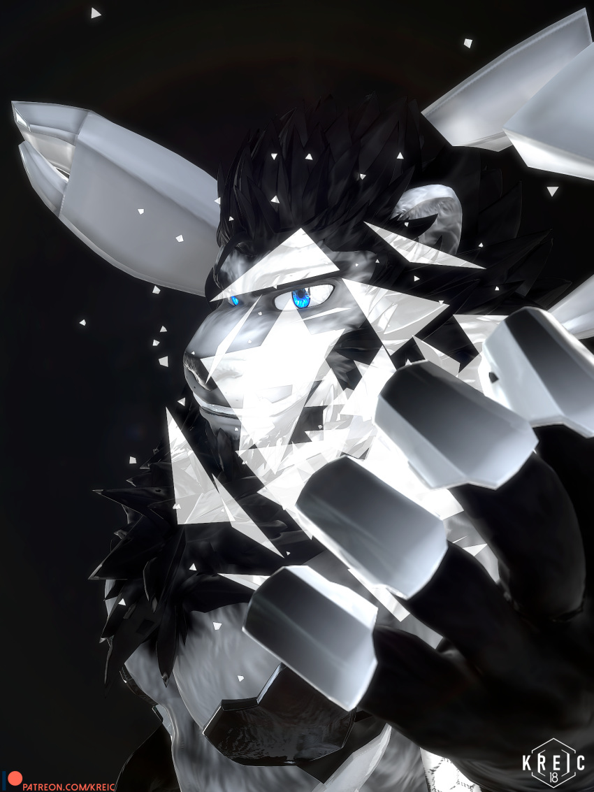 2018 3d_(artwork) armor black_fur blue_eyes digital_media_(artwork) fangs feline fur glowing grin kreic lion lookig_at_viewer male mammal mane muscular patreon smile