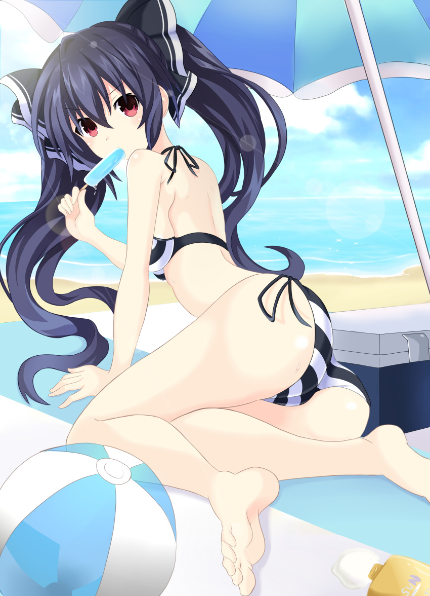 absurdres barefoot beach bikini black_bikini black_hair blush breasts day food from_behind front-tie_top hair_ornament highres ice_cream large_breasts long_hair looking_at_viewer neptune_(series) noire ocean ramu-on@_shinon red_eyes ribbon smile soles solo striped striped_bikini swimsuit twintails