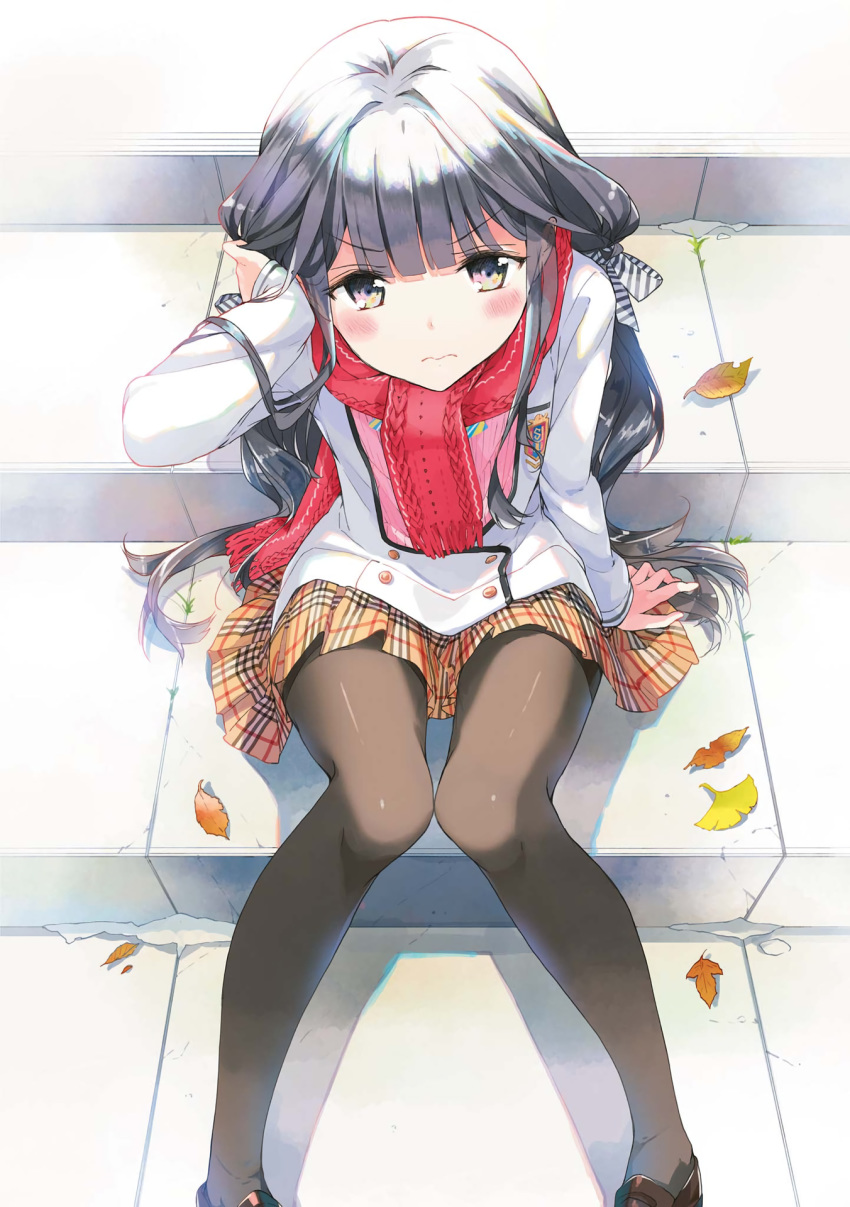 3: adagaki_aki arm_up autumn_leaves bangs black_eyes black_hair black_legwear blunt_bangs blush brown_footwear closed_mouth emblem eyebrows_visible_through_hair feet_out_of_frame fringe_trim frown hair_ribbon hand_in_hair highres jacket knees_together_feet_apart loafers long_hair long_sleeves looking_at_viewer looking_up low_twintails masamune-kun_no_revenge miniskirt multicolored multicolored_eyes outdoors pantyhose pink_eyes plaid plaid_skirt pleated_skirt red_scarf ribbon scan scarf school_uniform shiny shiny_hair shoes sidelocks sitting skirt solo stairs striped striped_ribbon tiv twintails v-shaped_eyebrows very_long_hair white_jacket yellow_eyes yellow_skirt
