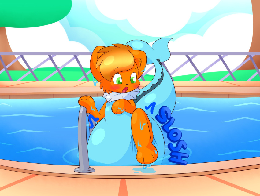 ambiguous_gender anthro canine charmander clothed clothing cosplay diaper eeveelution mammal nintendo open_mouth outside pok&eacute;mon pok&eacute;mon_(species) sir-dancalot solo swimming_pool vaporeon video_games water wet_diaper