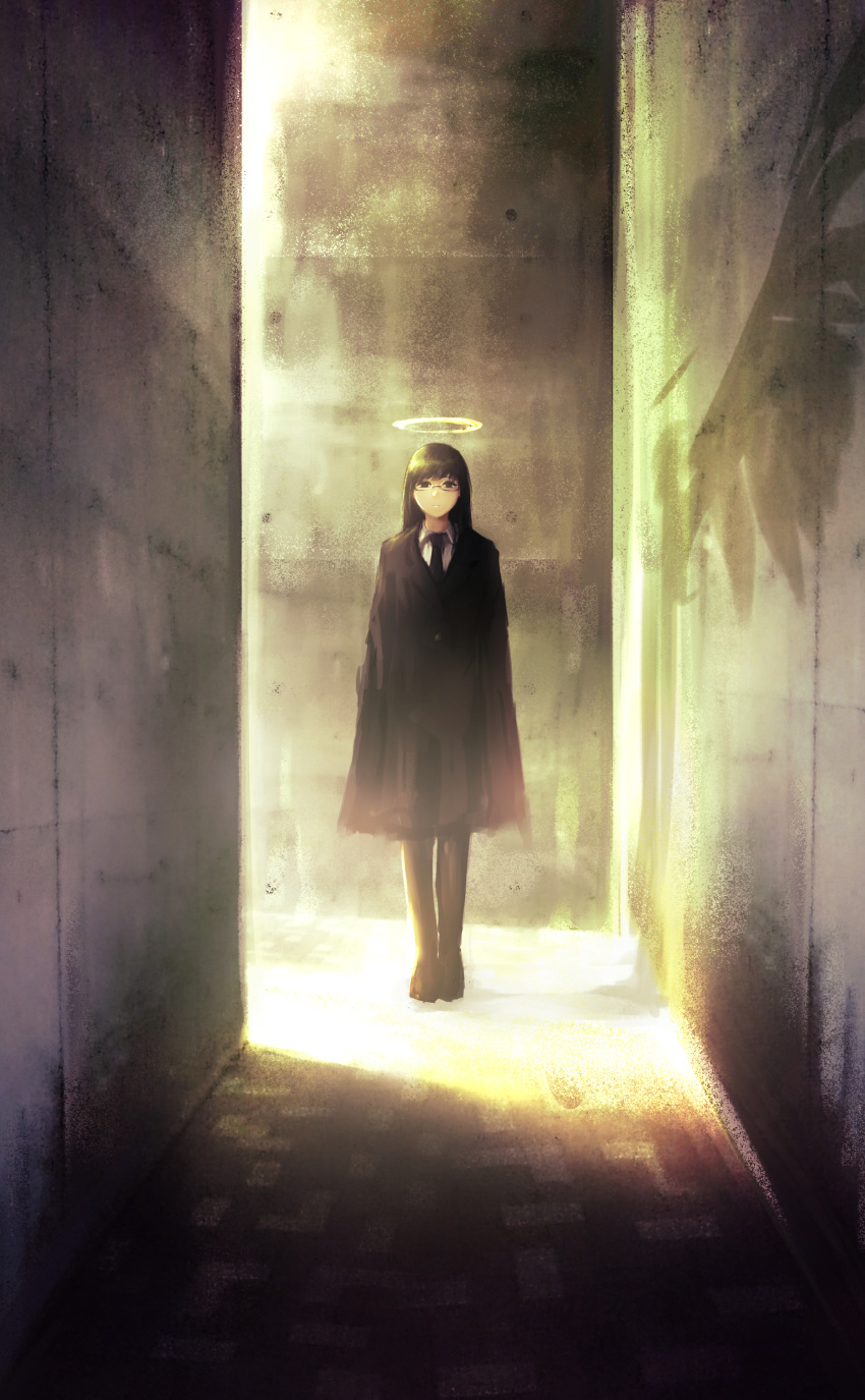 absurdres alley angel black_coat black_eyes black_footwear black_hair black_legwear black_neckwear collared_shirt different_shadow halo highres hometa long_hair looking_at_viewer necktie original pantyhose shirt shoes solo standing white_shirt wing_collar