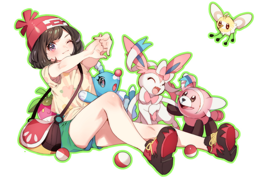armpit_peek arms_up bag beanie black_eyes black_hair blush bounsweet brionne closed_eyes cutiefly fang full_body gen_7_pokemon green_shorts grey_eyes hands_together happy hat highres knee_up looking_at_viewer mizuki_(pokemon) one_eye_closed open_mouth outline outstretched_arms poke_ball poke_ball_(generic) poke_ball_theme pokemon pokemon_(creature) pokemon_(game) pokemon_sm red_hat shiny shiny_hair shirt short_hair short_shorts short_sleeves shorts simple_background sitting smile stretch stufful sylveon tied_shirt white_background yellow_eyes yellow_shirt zuizi