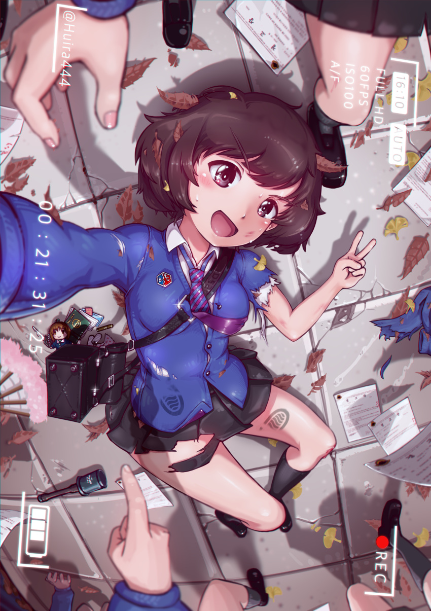 :d absurdres akiyama_yukari bag bangs bc_freedom_(emblem) bc_freedom_school_uniform black_footwear black_legwear black_skirt blue_neckwear blue_sweater blurry blurry_foreground brown_eyes brown_hair card cardigan character_doll day depth_of_field diagonal_stripes dirty_clothes dog_tags dress_shirt emblem english explosive eyebrows fan folding_fan footprints foreshortening from_above girls_und_panzer grenade handbag highres huira444 keychain korean_commentary leaf loafers long_sleeves looking_at_viewer loose_necktie lying messy_hair miniskirt necktie nishizumi_miho on_back on_ground open_mouth out_of_frame outdoors paper pleated_skirt pointing purple_neckwear reaching_out recording rotated school_uniform self_shot shadow shirt shoes short_hair skirt smile socks solo_focus sparkle stone_floor striped striped_neckwear sweater timestamp torn_clothes twitter_username v viewfinder white_shirt wing_collar