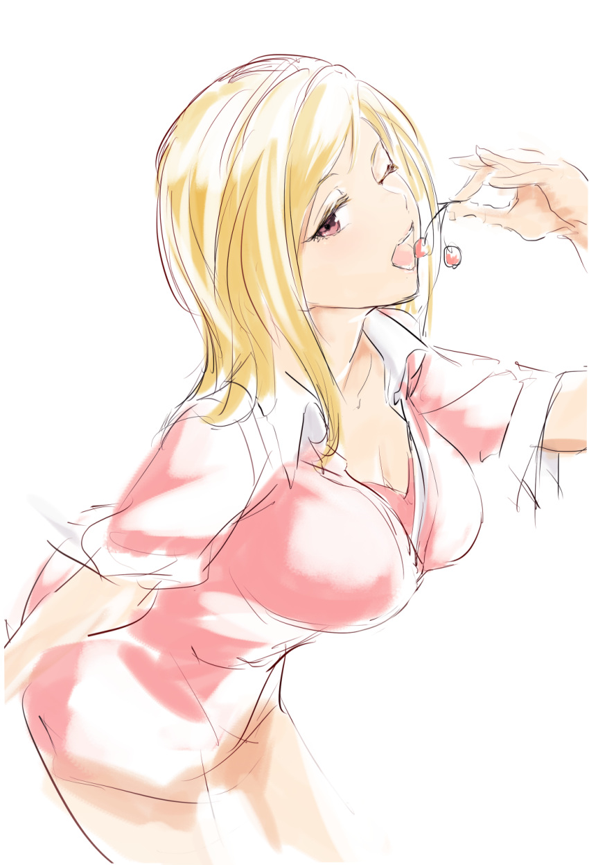 blonde_hair breasts cherry cleavage collared_shirt eating food fruit hand_up highres holding holding_food hometa idolmaster idolmaster_million_live! large_breasts looking_at_viewer momose_rio naked_shirt one_eye_closed pink_shirt popped_collar red_eyes shirt short_sleeves simple_background sketch solo standing white_background wing_collar