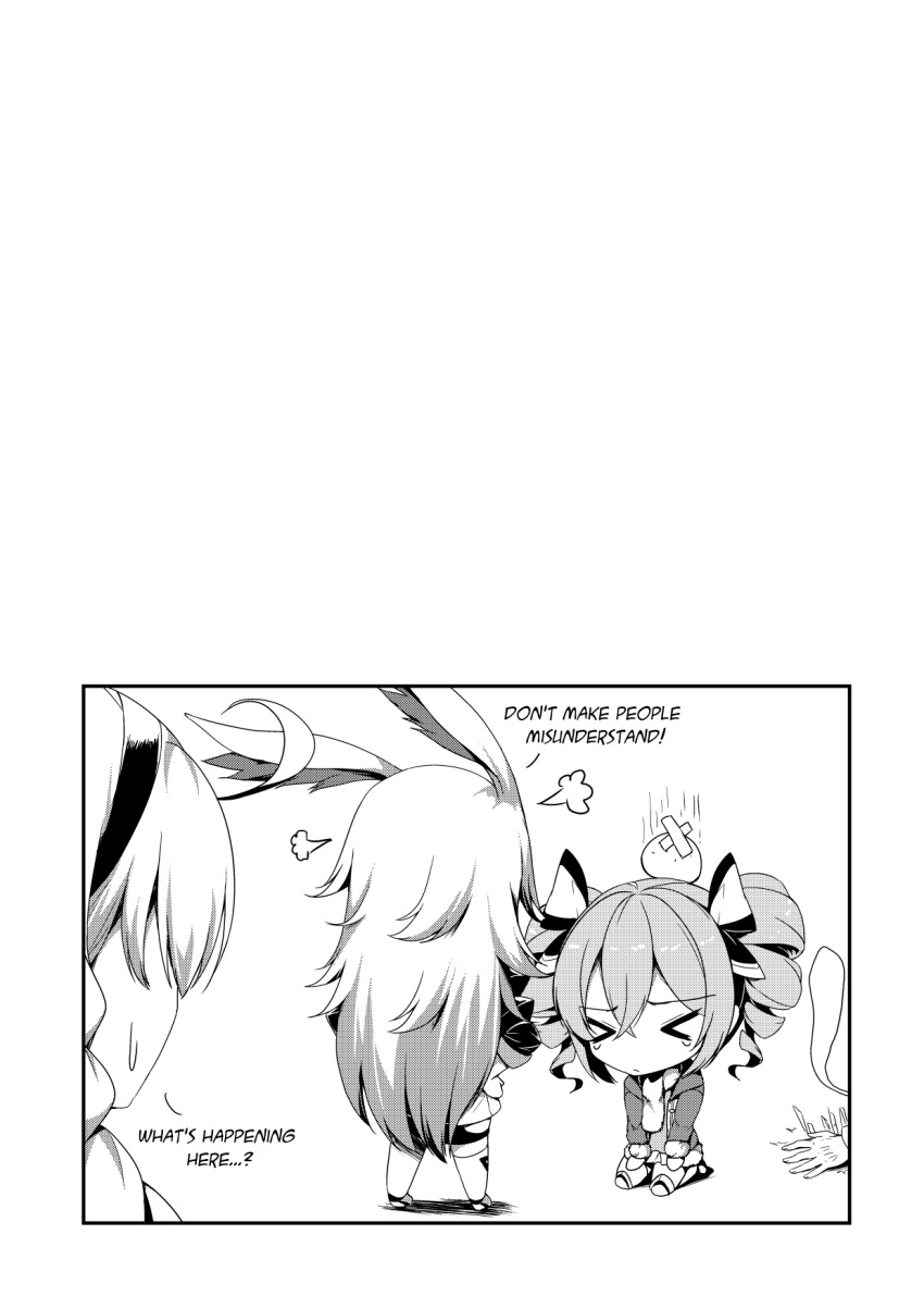 &gt;_&lt; 1koma 3girls =3 ahoge animal_ears bandaid bangs benghuai_xueyuan bow bronya_zaychik bunny_ears chibi closed_eyes closed_mouth comic crossed_bangs drill_hair english eyebrows_visible_through_hair facing_away facing_viewer full_body greyscale hair_between_eyes hair_bow hairband hand_on_hip head_bump highres honkai_impact kiana_kaslana legs_apart long_hair long_sleeves medium_hair monochrome multiple_girls on_ground out_of_frame seiza sheita short_sleeves shorts sidelocks simple_background sitting sweatdrop tears twin_drills twintails white_background yae_sakura_(benghuai_xueyuan)