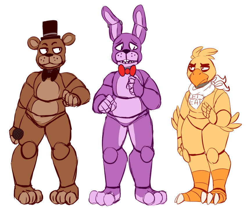 3_toes 5_fingers animatronic anthro avian barefoot bear bird bonnie_(fnaf) bow_tie chica_(fnaf) chicken claws digital_media_(artwork) five_nights_at_freddy's freddy_(fnaf) group hat holding_microphone holding_object lagomorph long_ears looking_aside machine mammal microphone monsterkitties nude rabbit robot simple_background sketch standing toes top_hat video_games white_background