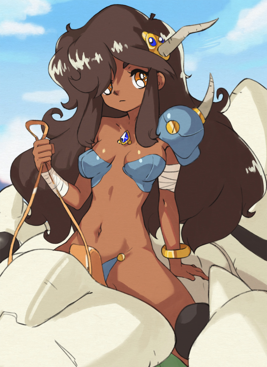 90s armor big_hair bikini_armor blue_sky blurry blurry_background bracelet breasts bridgeless_bra brown_eyes brown_hair closed_mouth cloud commentary dark_skin day english_commentary fantasy gem highres holding horns jewelry long_hair looking_at_viewer medium_breasts monster navel original outdoors pauldrons reins riding simple_background sitting sky solo vins-mousseux