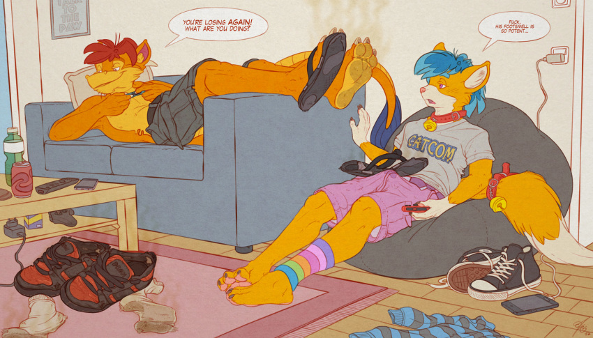 anthro barefoot bulge cat dirty_feet dirty_socks dragon duo feet feline flip_flop hi_res male mammal musk niki sandal smelly thaz_(artist) thaz_(character)