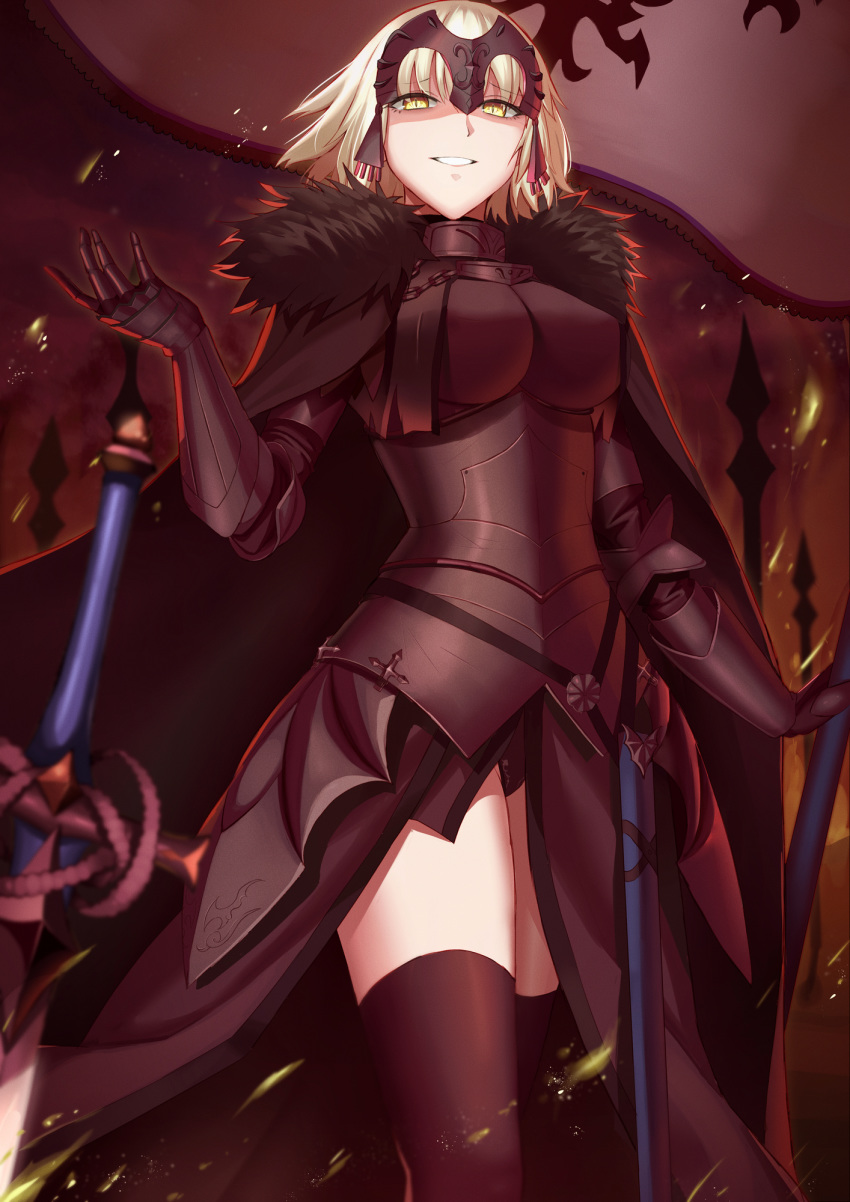 armor armored_dress bangs banner black_armor black_capelet black_cloak black_dress black_legwear black_panties blonde_hair breasts capelet chain cloud cloudy_sky commentary dress english_commentary eyebrows_visible_through_hair fate/grand_order fate_(series) faulds from_below fur-trimmed_cloak fur_collar gauntlets grin hair_between_eyes half-closed_eyes hand_up headpiece highres jeanne_d'arc_(alter)_(fate) jeanne_d'arc_(fate)_(all) kakeku large_breasts long_dress long_sleeves looking_at_viewer medium_hair outdoors panties pantyshot pantyshot_(standing) plackart planted_sword planted_weapon sky slit_pupils smile smoke solo sparks standing sword thighhighs underwear weapon yellow_eyes