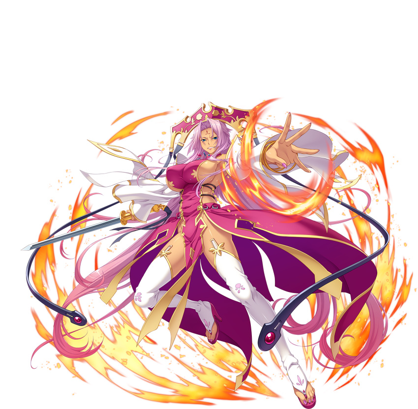 bangs blue_eyes bracelet breasts dark_skin facial_mark fingernails fire forehead_mark full_body hat high_heels highres hikage_eiji holding holding_sword holding_weapon jewelry koihime_musou large_breasts lips lipstick long_hair looking_at_viewer makeup nail_polish official_art open_toe_shoes parted_bangs parted_lips pelvic_curtain pink_hair sennen_sensou_aigis shiny shiny_skin solo sonken_bundai sword teeth thighhighs transparent_background very_long_hair weapon wide_sleeves