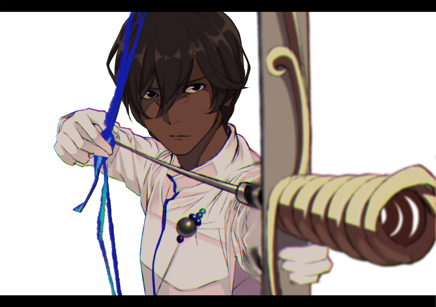 arjuna_(fate/grand_order) bad_id bad_pixiv_id blurry bow_(weapon) brown_eyes brown_hair commentary_request dark_skin depth_of_field fate/grand_order fate_(series) gloves hair_between_eyes highres holding holding_bow_(weapon) holding_weapon long_sleeves male_focus solo takamiya_nao upper_body weapon white_background white_gloves