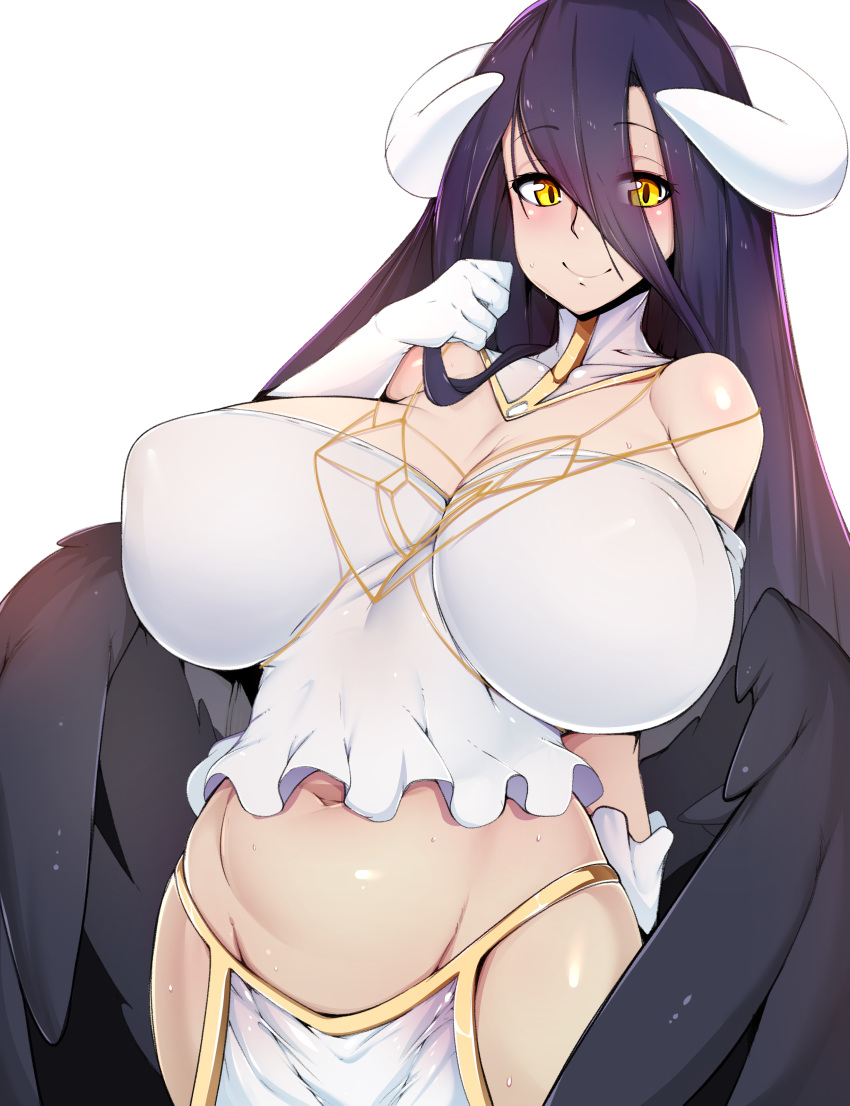 absurdres albedo arm_behind_back bare_shoulders belly blush breasts curvy elbow_gloves gloves groin hair_over_one_eye highres hips horns huge_breasts long_hair looking_at_viewer low_wings navel overlord_(maruyama) plump raised_eyebrows shiny shiny_skin simple_background slugbox smile solo sweat very_long_hair white_background white_gloves wide_hips wings yellow_eyes