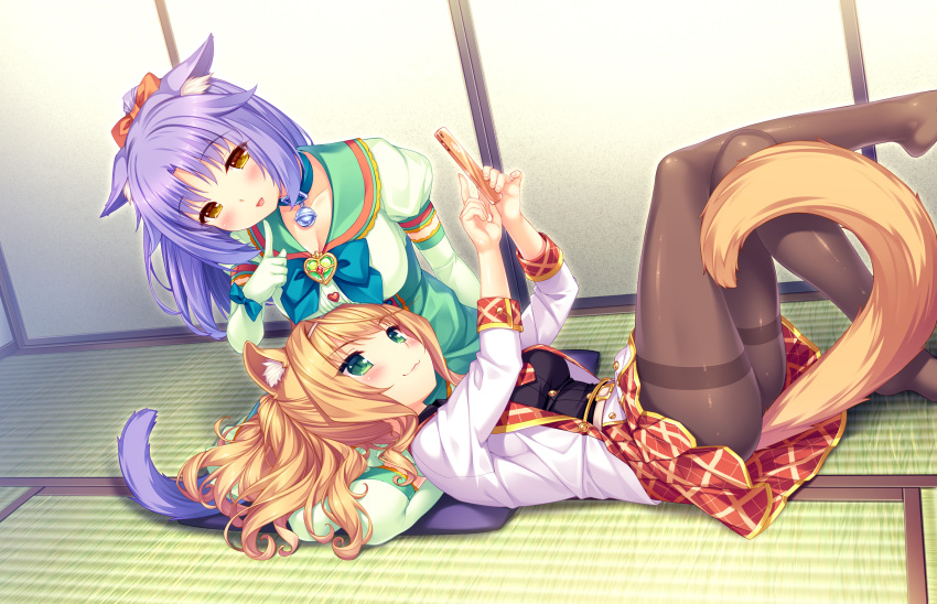 :3 :d animal_ears bell bell_collar black_legwear blush bow breasts cat_ears cat_tail cellphone cinnamon_(sayori) cleavage collar crossed_legs dress eyebrows_visible_through_hair game_cg gloves gold_trim green_eyes hair_bow highres indoors jingle_bell lap_pillow long_hair looking_at_viewer lying maple_(sayori) multiple_girls nekopara no_shoes non-web_source on_back open_mouth orange_hair pantyhose phone pleated_skirt ponytail purple_hair sayori school_uniform sitting skirt smartphone smile tail tatami thighband_pantyhose yellow_eyes